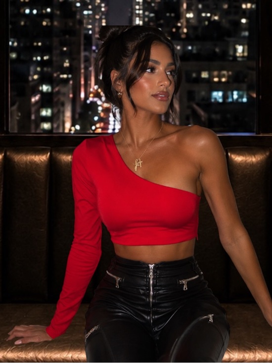 Tiger Mist Tops - Tiger Mist One-Shoulder Crop Top (Red)